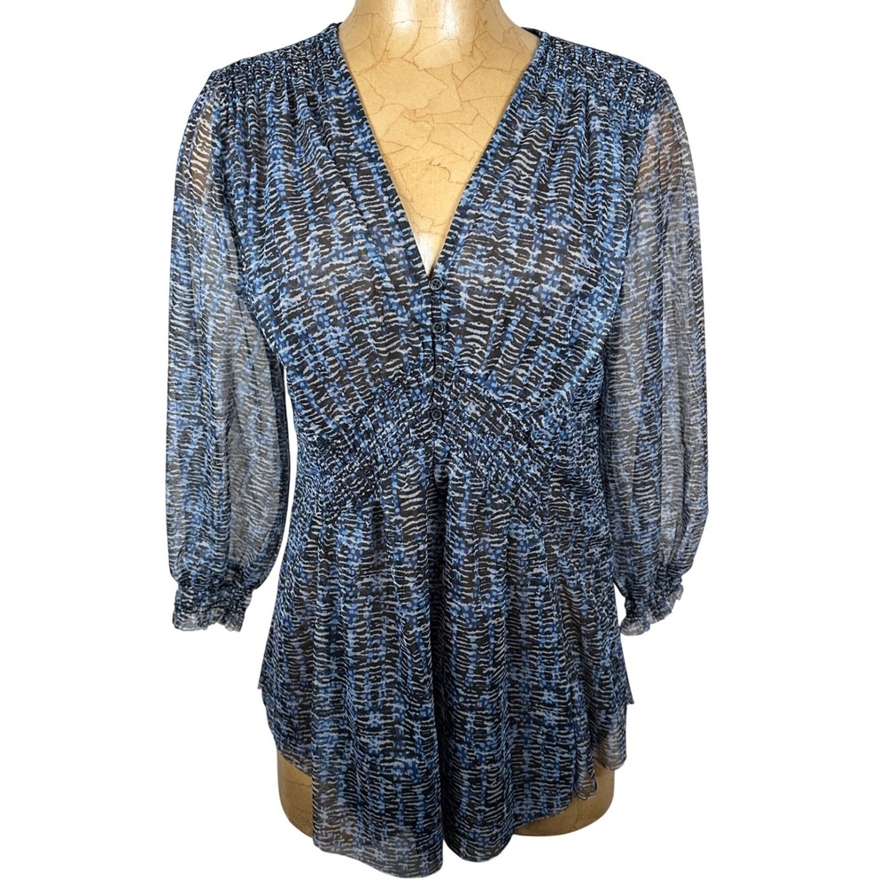 Anthropologie Gretchen Blue Zebra Mesh Smocked V-Neck Top Blouse Small NWT